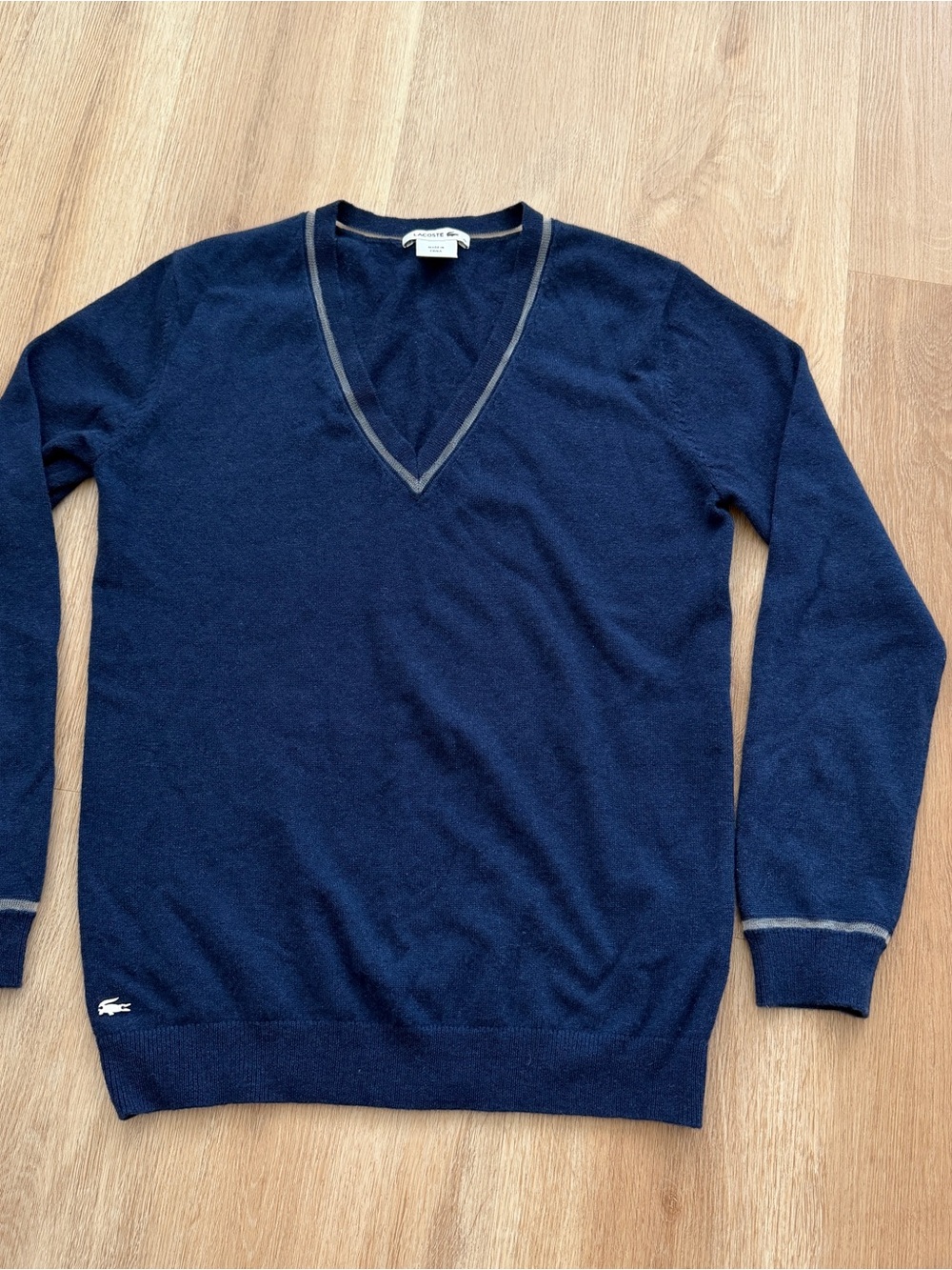Lacoste Cashmere Women's Navy V-Neck Sweater with Gray Trim